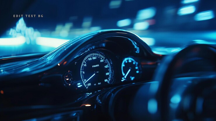 PSD tablero de instrumentos de automóviles iluminado por la noche que muestra el velocímetro y el tacómetro con luces borrosas de la ciudad en el fondo