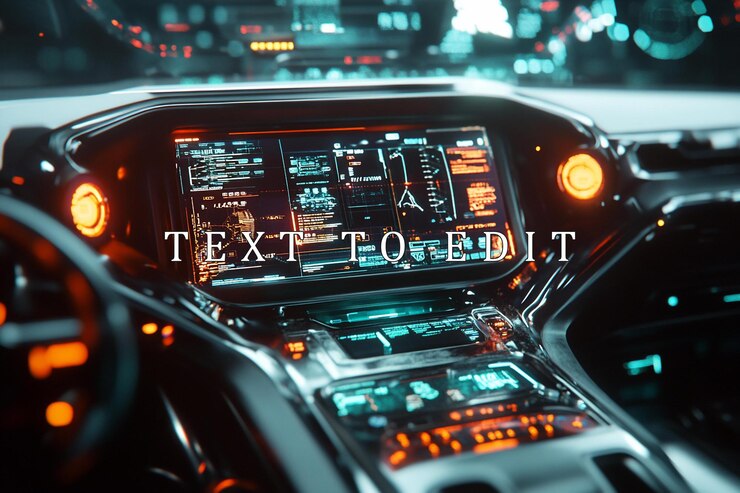 PSD tablero interior de automóviles futurista con pantalla digital y acentos naranjas