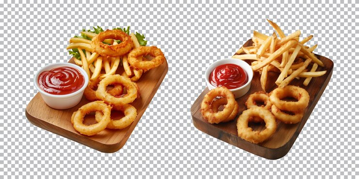 PSD tablero de madera de anillos de cebolla y papas fritas con ketchup aislado en un fondo transparente png