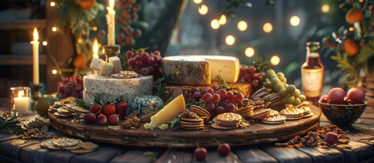 PSD un tablero de madera con varios quesos, uvas, galletas y nueces en un telón de fondo de luces parpadeantes y vegetación