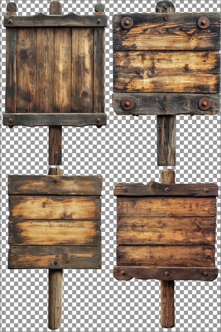 Tablero publicitario vacío de madera rústico y listo para su mensaje hiperrealista aislado PNG w