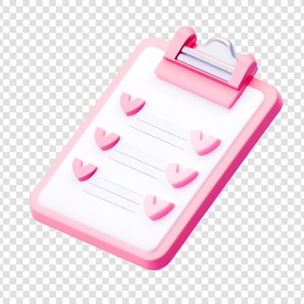 Tablero de recortes rosado con lista de comprobación de corazón elemental de diseño de renderización 3D lindo para aplicación o sitio web