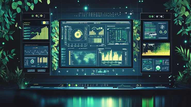 PSD el tablero tecnológico verde muestra gráficos y gráficos de análisis de datos en una pantalla grande rodeada de follaje exuberante