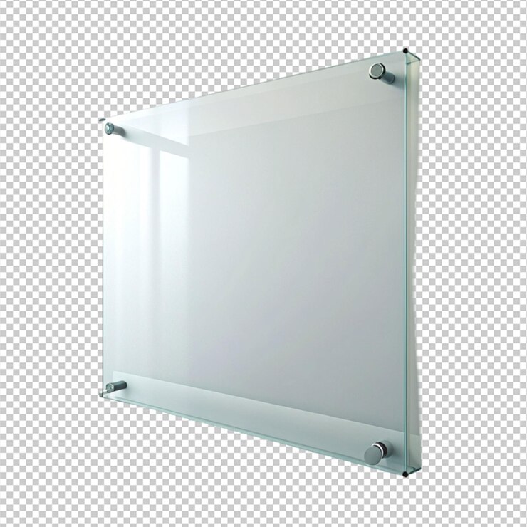 PSD tablero de vidrio transparente en el lado delantero de la pared sobre un fondo transparente