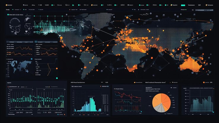 PSD tablero de visualización de datos de la red global con mapas mundiales y gráficos que muestran conexiones y flujos de datos