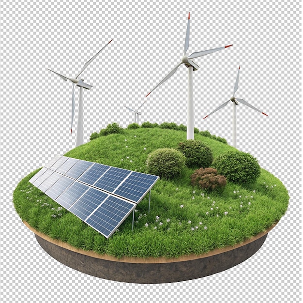 Tableros de energía solar en terreno de hierba en renderizado realista 3d
