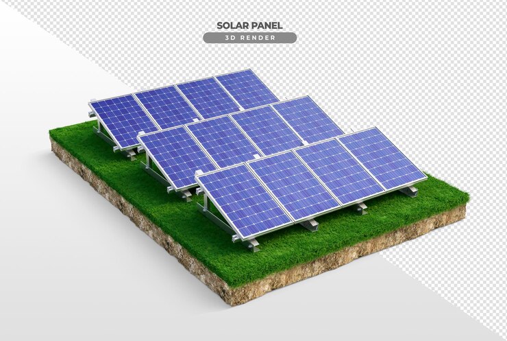 Tableros de energía solar en terreno de hierba en renderizado realista 3d