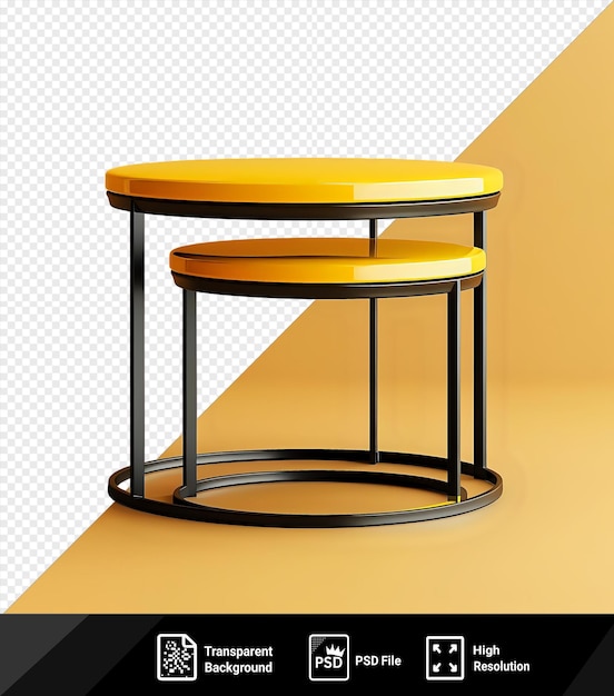 PSD des tables de nidification avec des pattes métalliques et noires s'assoient sur un sol jaune contre un mur jaune avec un coussin jaune ajoutant un pop de couleur png psd