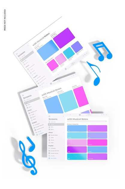 PSD tablet-bildschirme mit musiknoten-mockup, ansicht von oben
