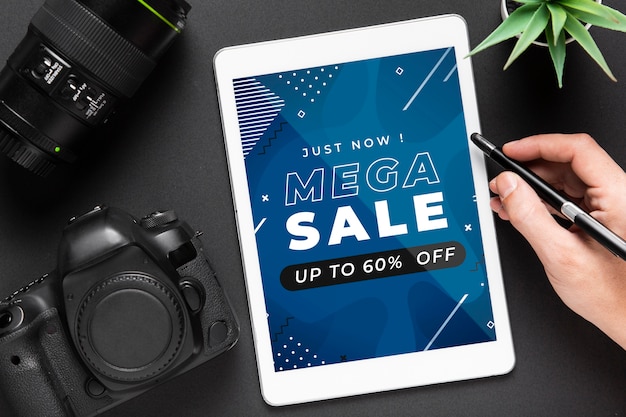 PSD tablet com promoção de vendas para câmeras