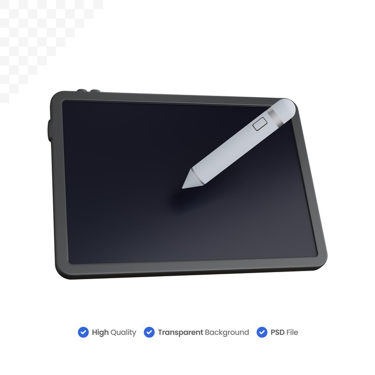 PSD tablet de renderização 3d com caneta stylus isolada