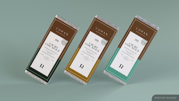 Tablet de três barras de chocolate com papel de embrulho Design de maquete em 3D