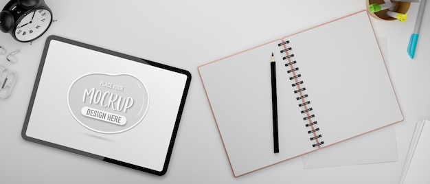 Tablet digital com tela de maquete e renderização 3d de caderno em branco aberto