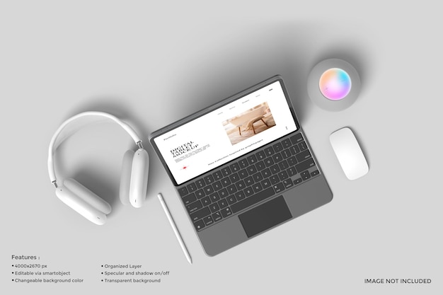 Tablet digitale pro psd con mockup di tastiera magica