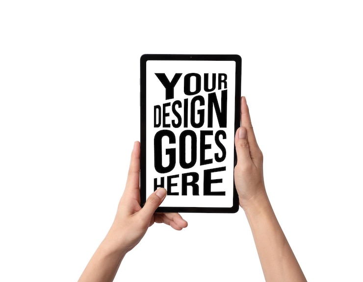 PSD tablet held by hands showcasing your design on the screen