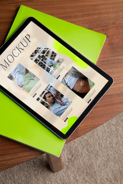 tablet mock-up with wooden furniture scene