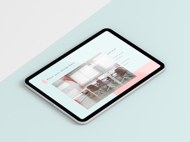 Tablet moderno de alto ângulo com simulação de tela