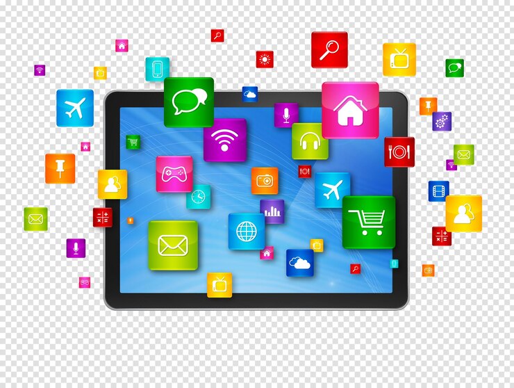 PSD tablet pc digital e iconos de aplicaciones voladoras