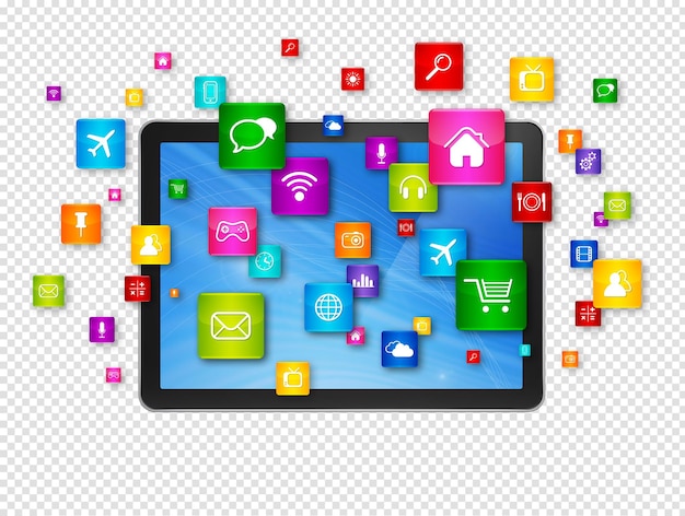 Tablet PC digital e iconos de aplicaciones voladoras