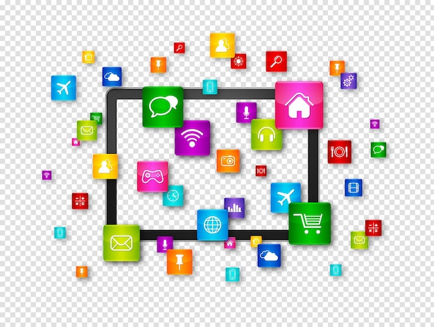 Tablet pc e ícones de aplicativos voadores