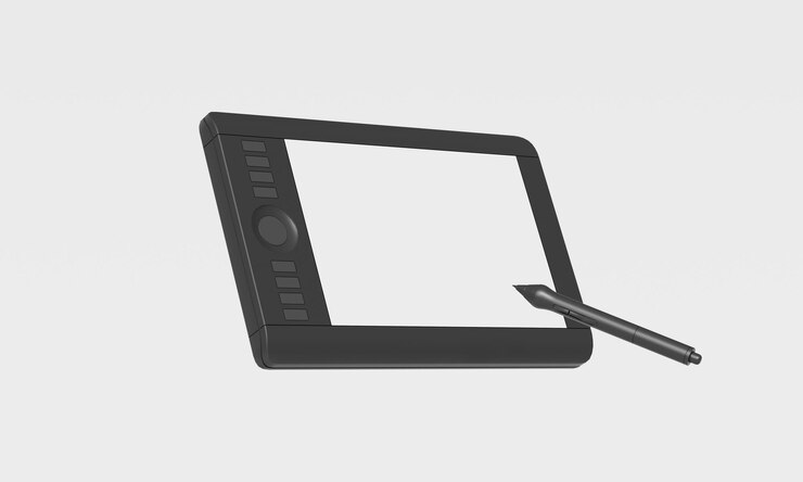 PSD tableta de dibujo gráfico digital con bolígrafo stylus mock up rendering 3d no ai
