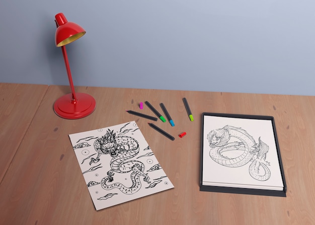 Tableta con dibujo monocromo