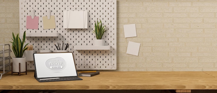 PSD tableta digital con pantalla de maqueta y teclado en mesa de madera