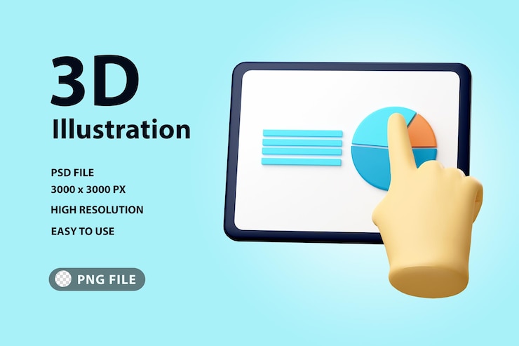 PSD tableta de ilustración 3d con análisis de negocios