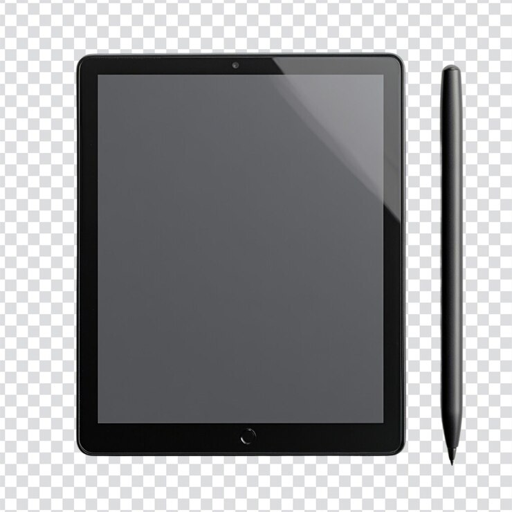 PSD tableta con lápiz de escritura en un fondo transparente