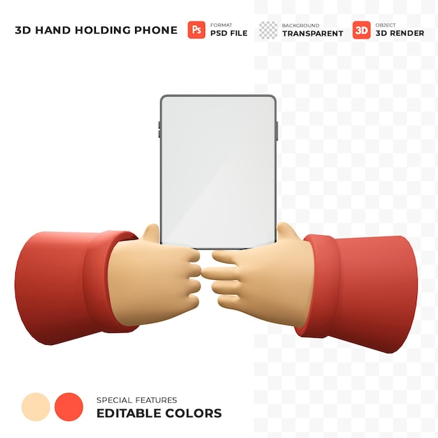 Tableta de mano de dibujos animados en 3D sobre fondo negro Gesto de manos sosteniendo maqueta de teléfono de gadget con pantalla en blanco