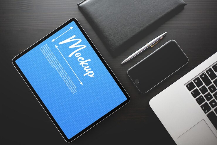 Tableta con una pantalla azul que dice 'mockup'