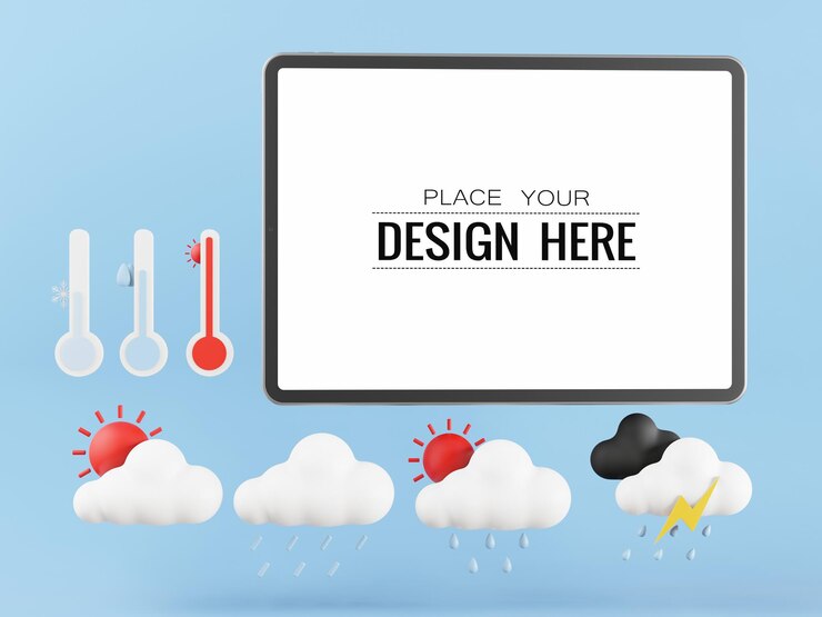 PSD tableta de pantalla en blanco con elementos meteorológicos