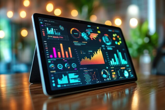 Una tableta que muestra coloridas visualizaciones de datos y gráficos en una mesa de madera