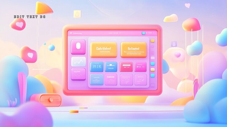 PSD tableta renderizada en 3d de colores pastel que muestra una interfaz de usuario en un paisaje caprichoso