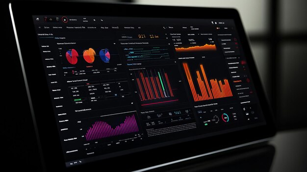 Tablette affichant le tableau de bord d'analyse des données financières avec des tableaux et des graphiques