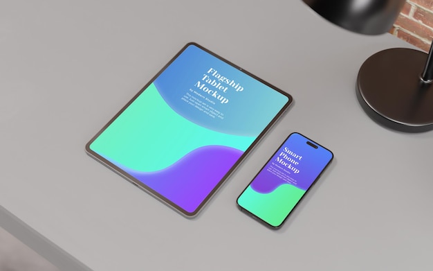 PSD tablette ipad pro réaliste et smartphone iphone 14 pro sur une maquette de bureau