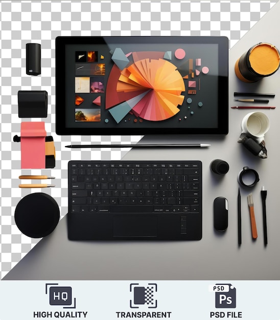 PSD une tablette et des outils d'art numérique de qualité professionnelle sur un fond transparent avec un ordinateur portable noir, un clavier noir et un stylo noir.