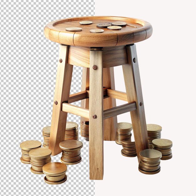 PSD tabouret en bois avec des pièces sur fond transparent