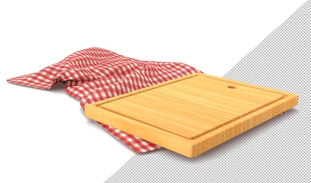 Tábua de corte de madeira na toalha xadrez vermelha renderização 3d bandeja de madeira retangular e toalha de mesa xadrez com dobras e prancha de cozinha natural padrão guingão para alimentos cortados na ilustração 3d de fundo branco