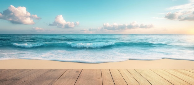 Tábuas de madeira com vista para uma praia de areia com ondas suaves e um céu azul claro