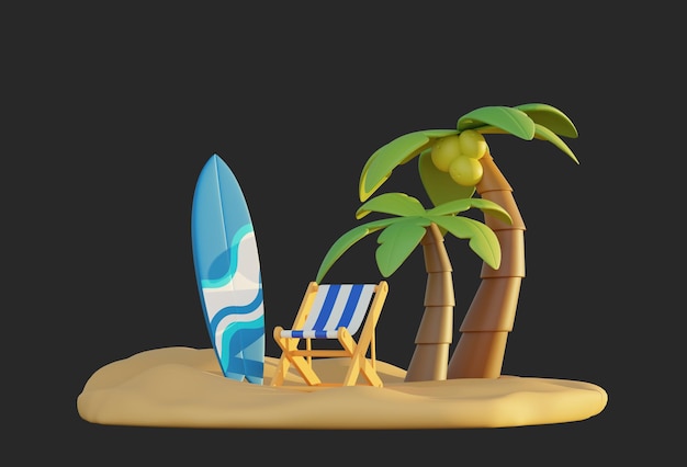 Tabula de surf com cadeira e palmeira na areia