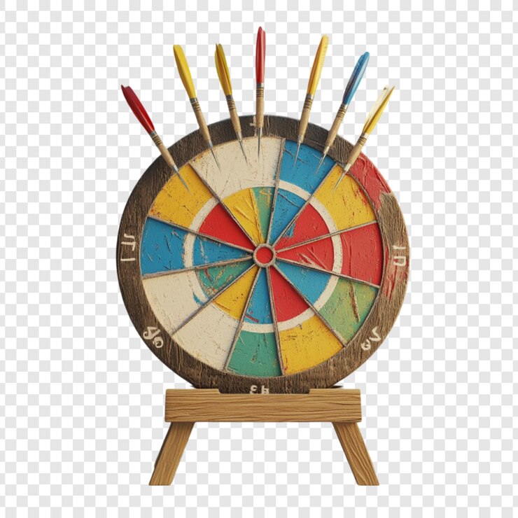 PSD tabuleiro de dardos vintage colorido com dardos em suporte de madeira jogo de alvo divertido