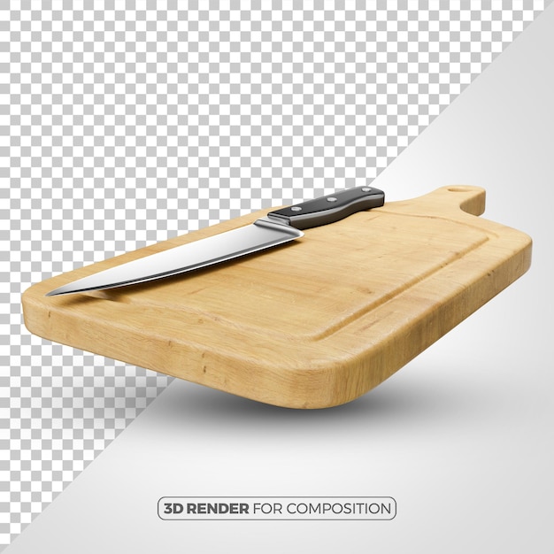 Tabuleiro de madeira com uma faca renderização 3D realista