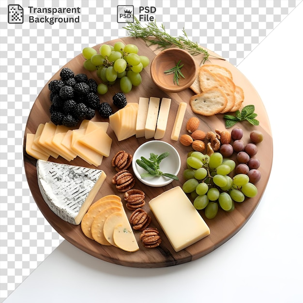 Tabuleiro de queijo gourmet colocado em um prato de madeira