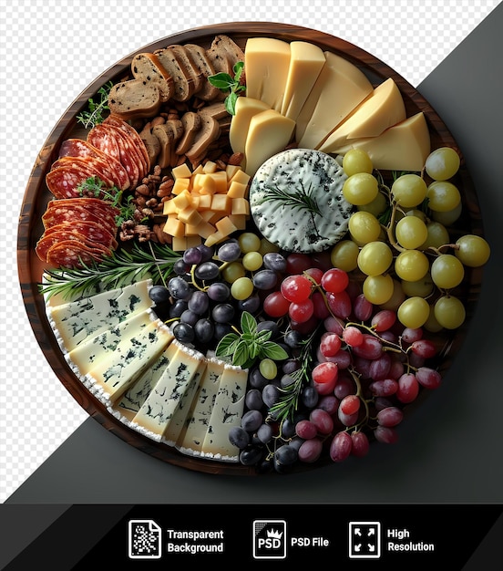 PSD tabuleiro de queijo tradicional de ramadã isolado com uma variedade de queijos, biscoitos e uvas em uma mesa de madeira acompanhada de uma uva vermelha e uma folha verde