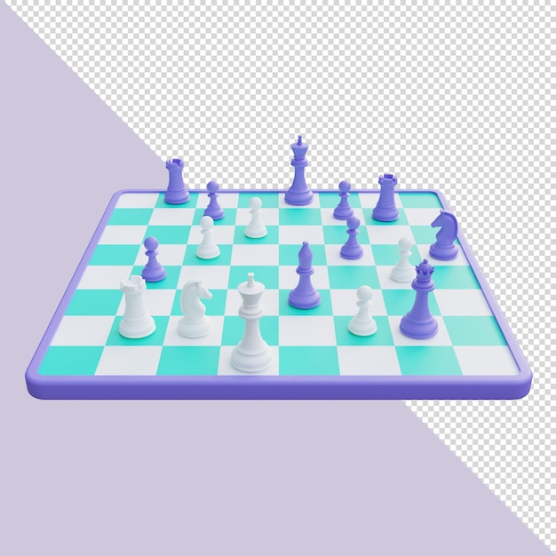 PSD tabuleiro de xadrez de renderização 3d com peças de xadrez roxas e brancas