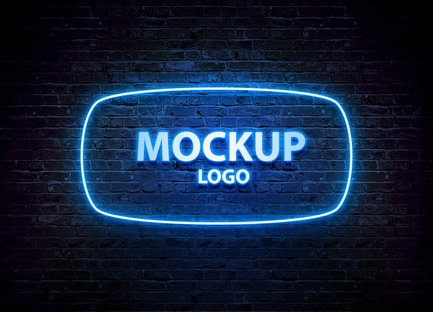 Tabuleta de neon para uma empresa que diz logotipo de maquete em uma parede de tijolos