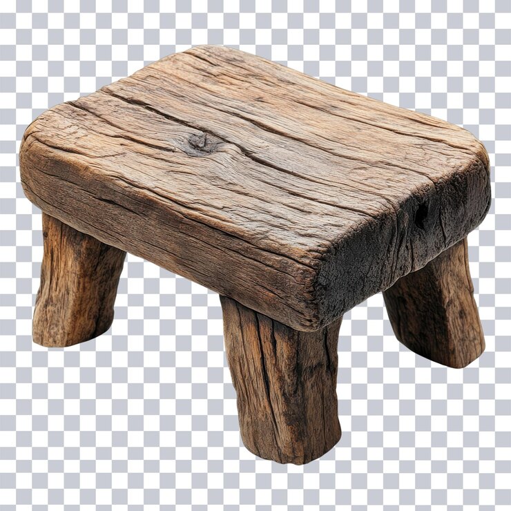 PSD taburete de madera rústico con textura natural expuesto en interiores en un entorno acogedor