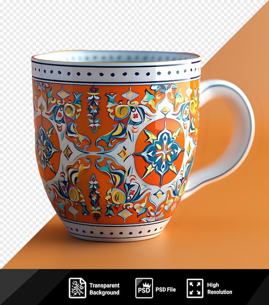 PSD taça com tema de ramadan com alça branca e desenho laranja em mesa laranja lançando uma sombra escura