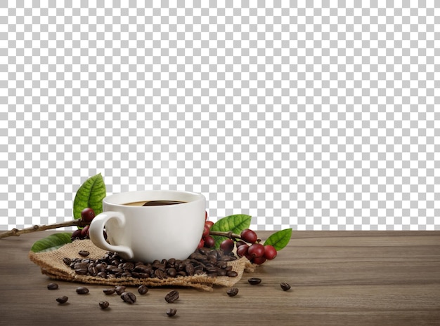 Taça de café quente com grãos de café na mesa de madeira com fundo transparente png
